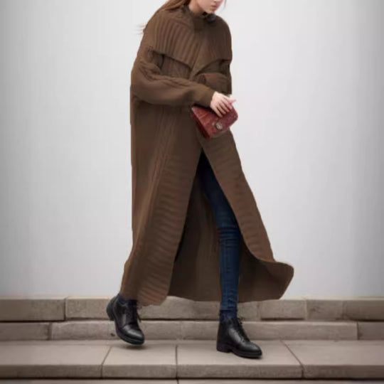 Damen Oversized Strickmantel mit voluminösen Ärmeln und elegantem Revers EB