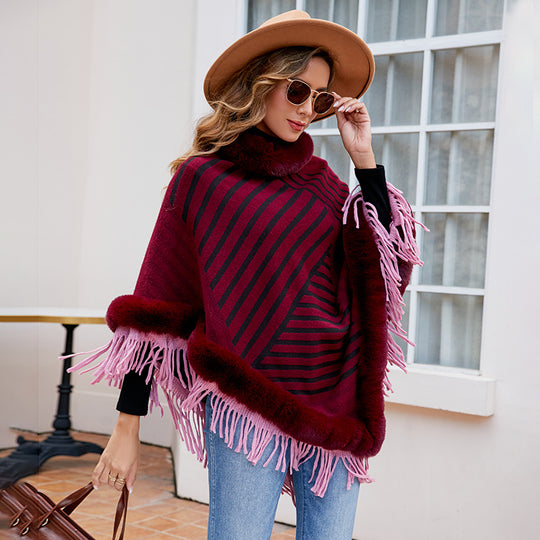 Damen modischer Poncho mit elegante Fransenverzierung EB