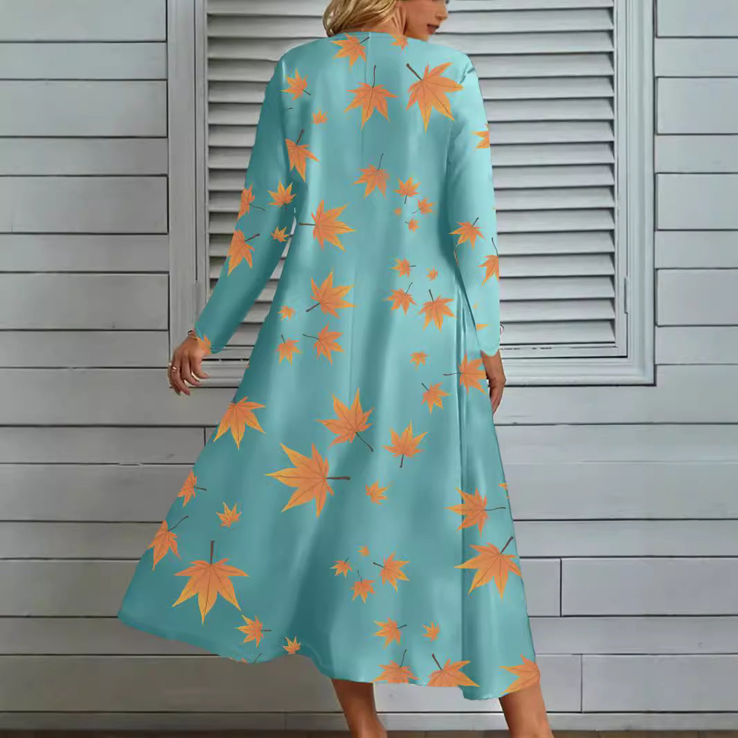 Damen Maxikleid mit V-Ausschnitt und herbstlichem Blattdesign EB