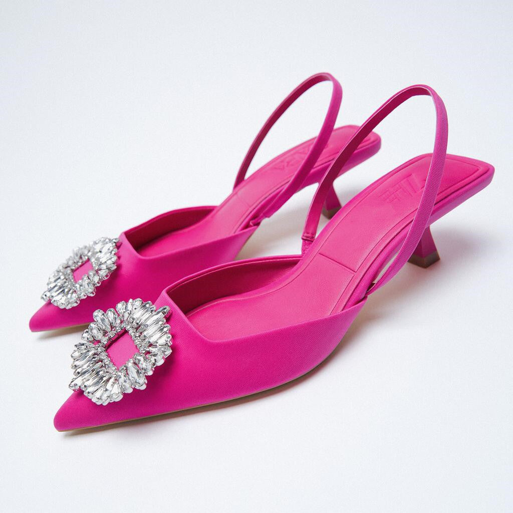Damen Slingback-Mules mit eleganter Strass-Applikation und niedrigem Absatz EB