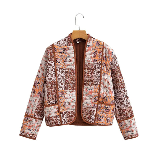 Damen modische Steppjacke mit buntem floralen Patchworkdesign EB