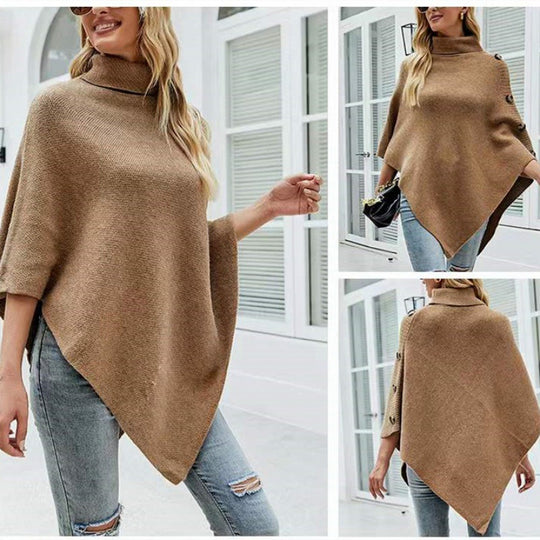 Damen Strick-Poncho mit steigendem Kragen und dekorativen Knopfdetails EB