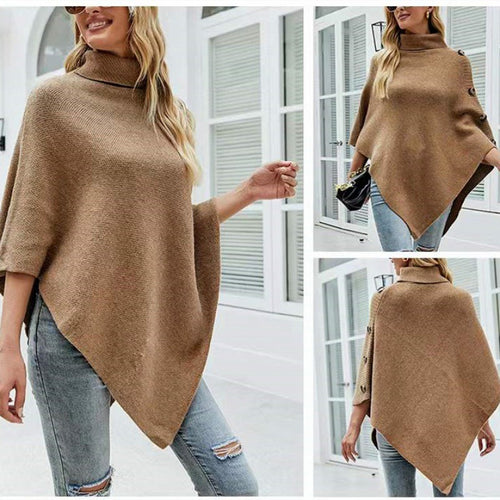 Damen Strick-Poncho mit steigendem Kragen und dekorativen Knopfdetails EB
