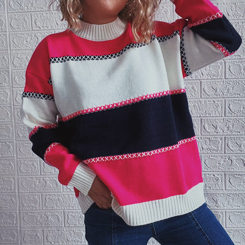 Damen modischer Streifenpullover mit hochgeschlossenem Kragen und lässigem Schnitt EB