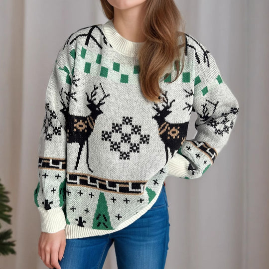 Damen gemusterter Weihnachtspullover mit festlichem Rentierdesign und Oversize-Schnitt EB