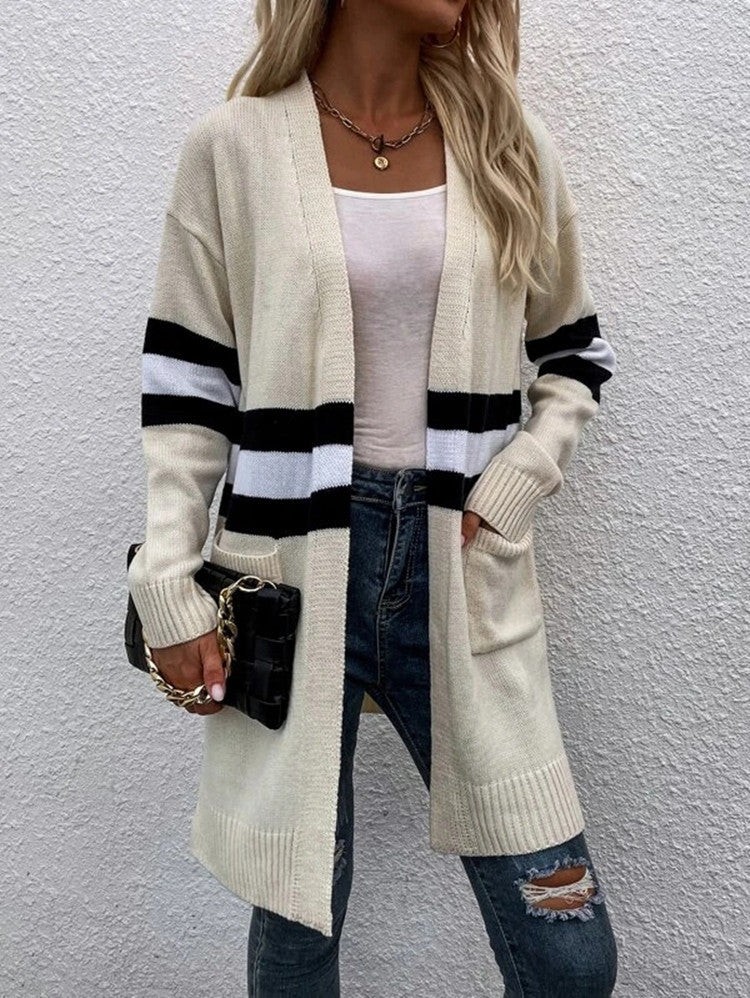 Damen Offene Strickjacke mit modernem Streifenmuster und praktischen Taschen EB