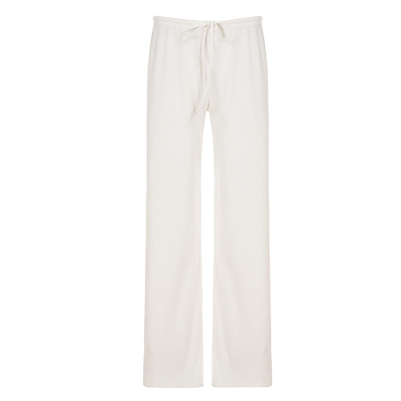 Damen nan lässige Lounge-Hose mit weitem Bein, elastischem Tunnelzugbund und feinem Rippstrick EB