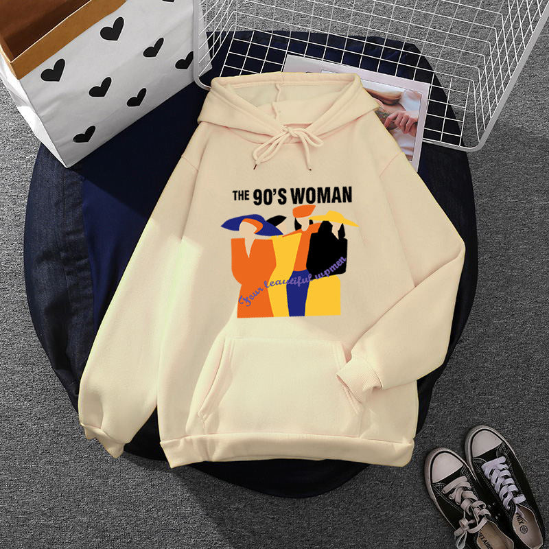 Damen nan weit geschnittener Kapuzenpullover mit Neunzigerjahre-Illustrationsprint, angerautem Fleece und Kängurutasche EB