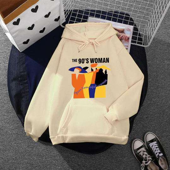 Damen nan weit geschnittener Kapuzenpullover mit Neunzigerjahre-Illustrationsprint, angerautem Fleece und Kängurutasche EB