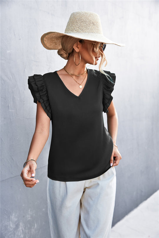Damen Bluse mit voluminösen Rüschensäumen und V-Ausschnitt EB