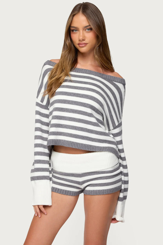 Damen nan kurz geschnittener Off-Shoulder Cropped Strickpullover mit weitem Fledermausärmel EB