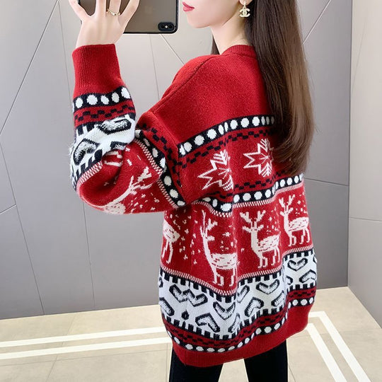 Damen Grobstrickpullover mit festlichem Rentiermotiv und modernem Design EB