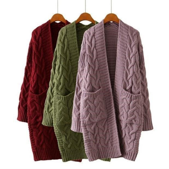 Damen Strickjacke mit grobem Zopfmuster und Taschen EB