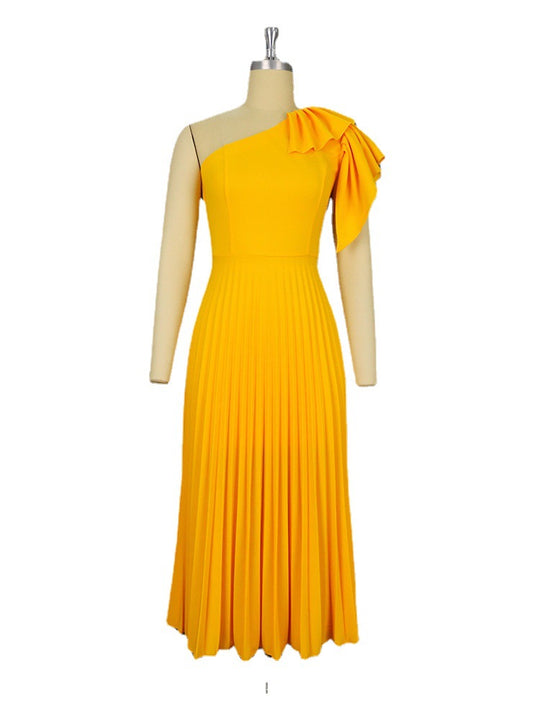 Damen Plissee Maxikleid mit asymmetrischem Träger und Rüschendetail EB