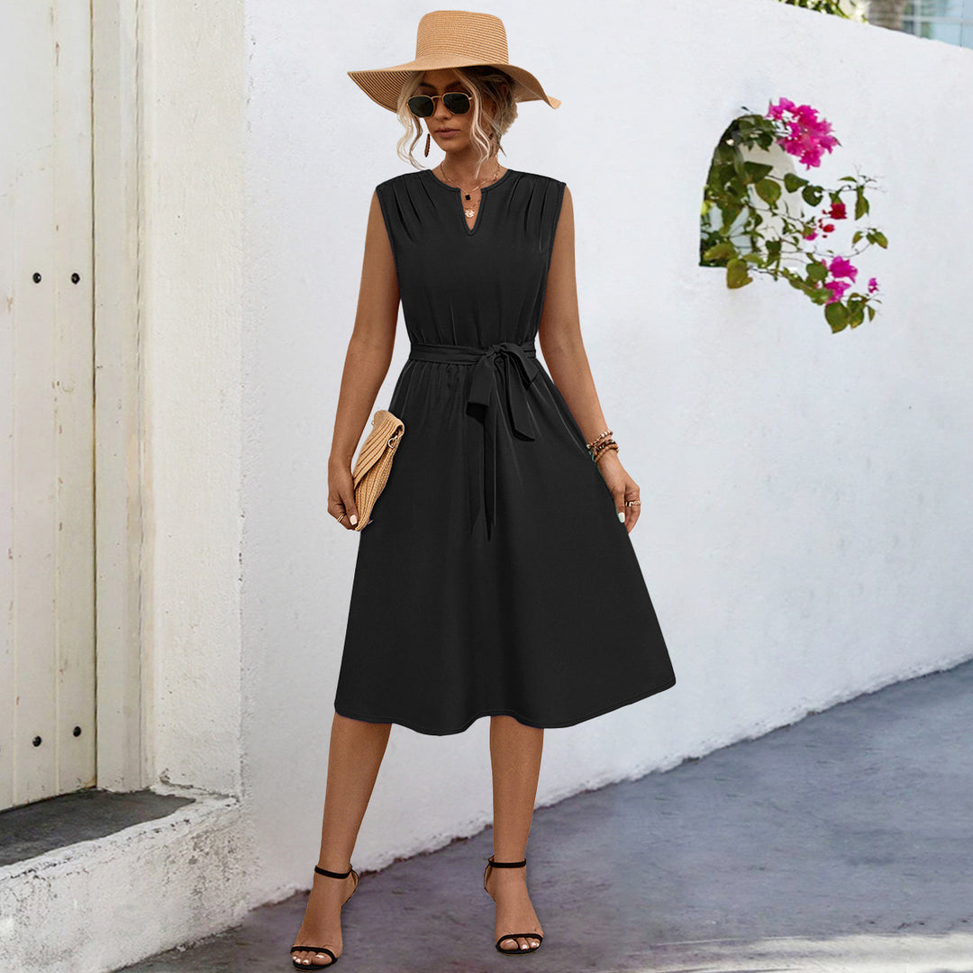 Damen Midi-Kleid mit elegantem Taillengürtel und modischem Faltenrock EB