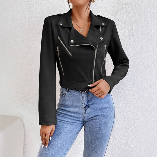 Damen Stylische Kunstjacke im Biker-Stil mit asymmetrischem Reißverschluss EB