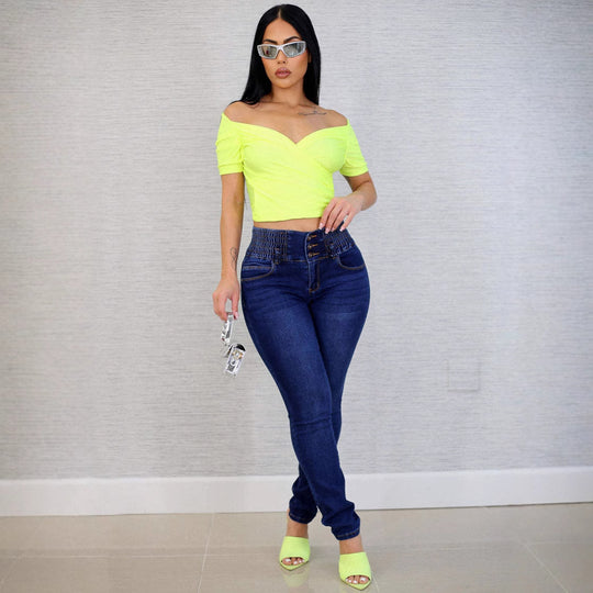 Damen Hochtaillierte Jeans mit elastischem Bund und Knopfdetails EB