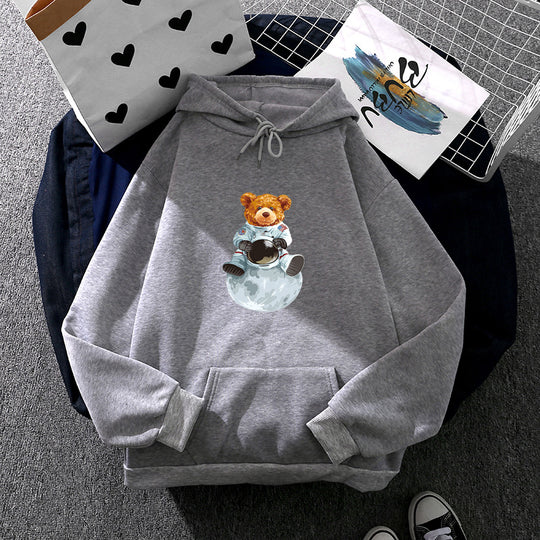 Damen nan weicher Oversize-Kapuzenpullover mit kawaii Pilzfrosch-Print, Kängurutasche und gerippten Bündchen EB