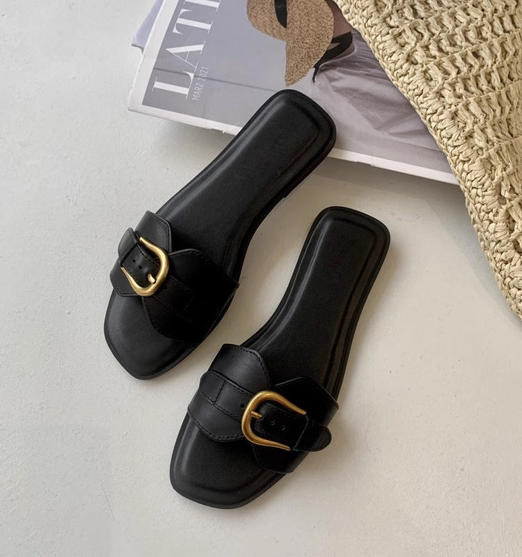 Damen modische Zehentrenner-Sandalen mit luxuriösem Schnallenakzent und bequemem Fußbett EB