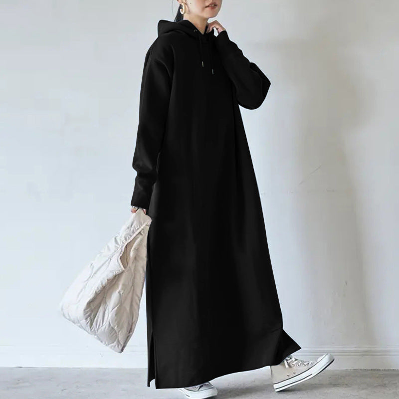 Damen nan Oversize Kapuzenmaxikleid mit geradem Schnitt und Seitenschlitz EB