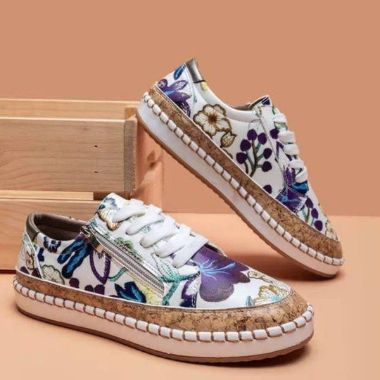 Damen florale Plateausneaker mit Korkplateau, seitlichem Reißverschluss und gepolstertem Komfortfußbett EB