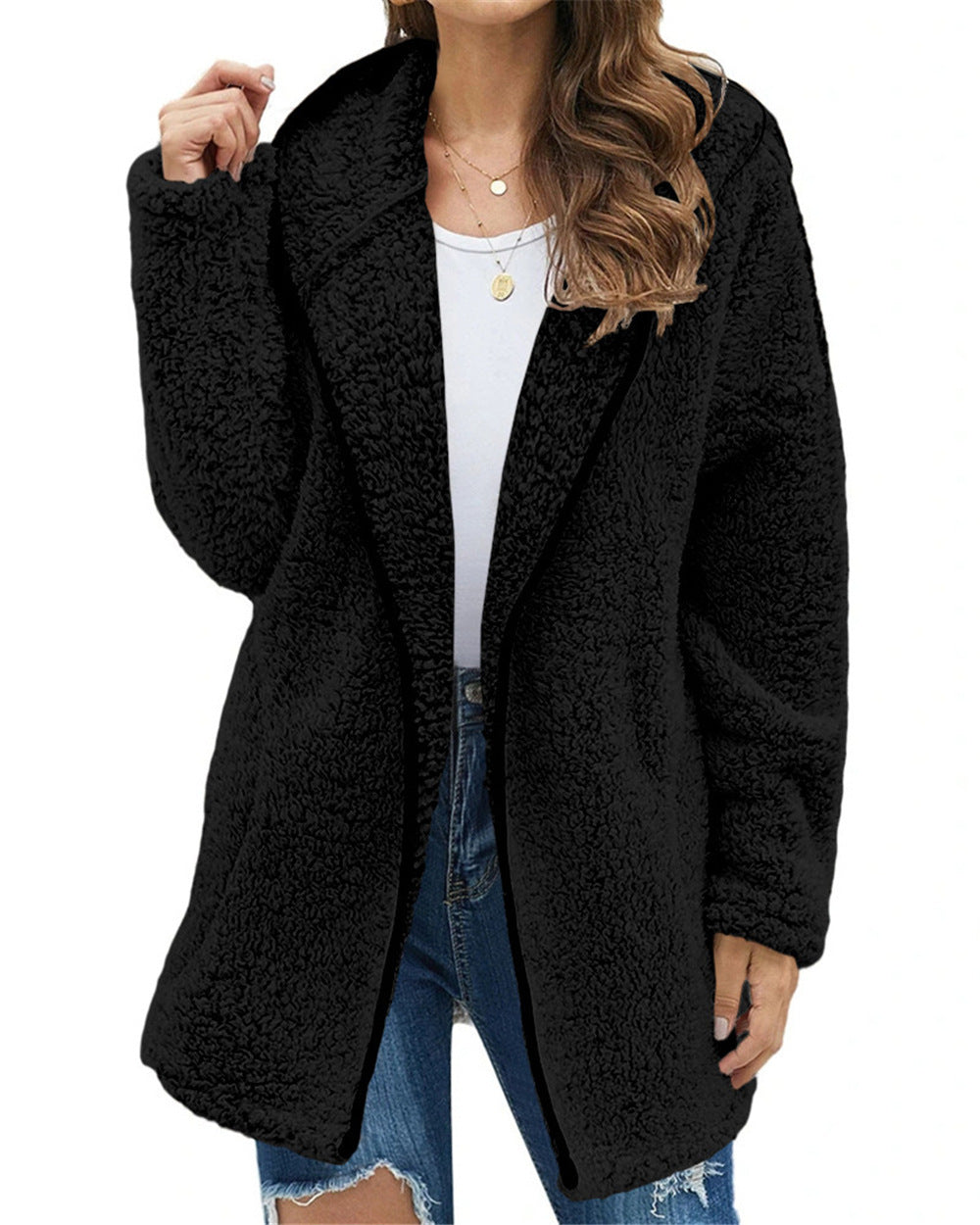 Damen Flauschige Kapuzenjacke im oversized Schnitt mit Eingrifftaschen und Reißverschluss EB
