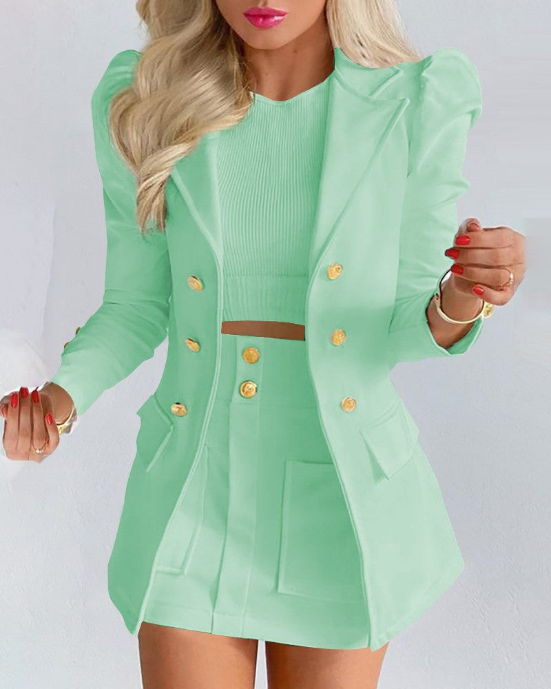 Damen Zweiteiliges karriertes Blazer- und Minirock-Set mit betonten Puffärmeln und goldenen Knöpfen EB