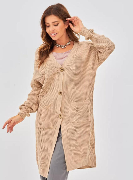 Damen Grobstrick-Cardigan mit schlichten Holzknöpfen und praktischen Taschen EB