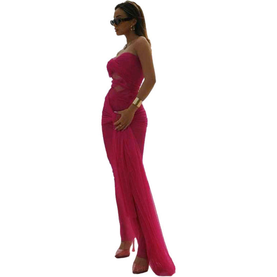 Damen Elegantes trägerloses Maxikleid mit raffinierten Drapierungen und transparenter Optik EB