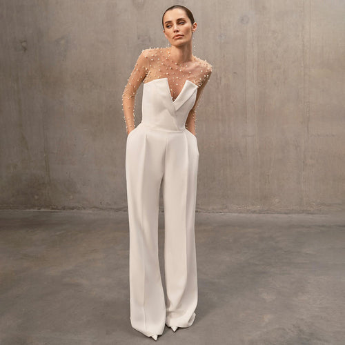 Damen eleganter Jumpsuit mit transparenten Ärmeln und Perlenverzierung EB