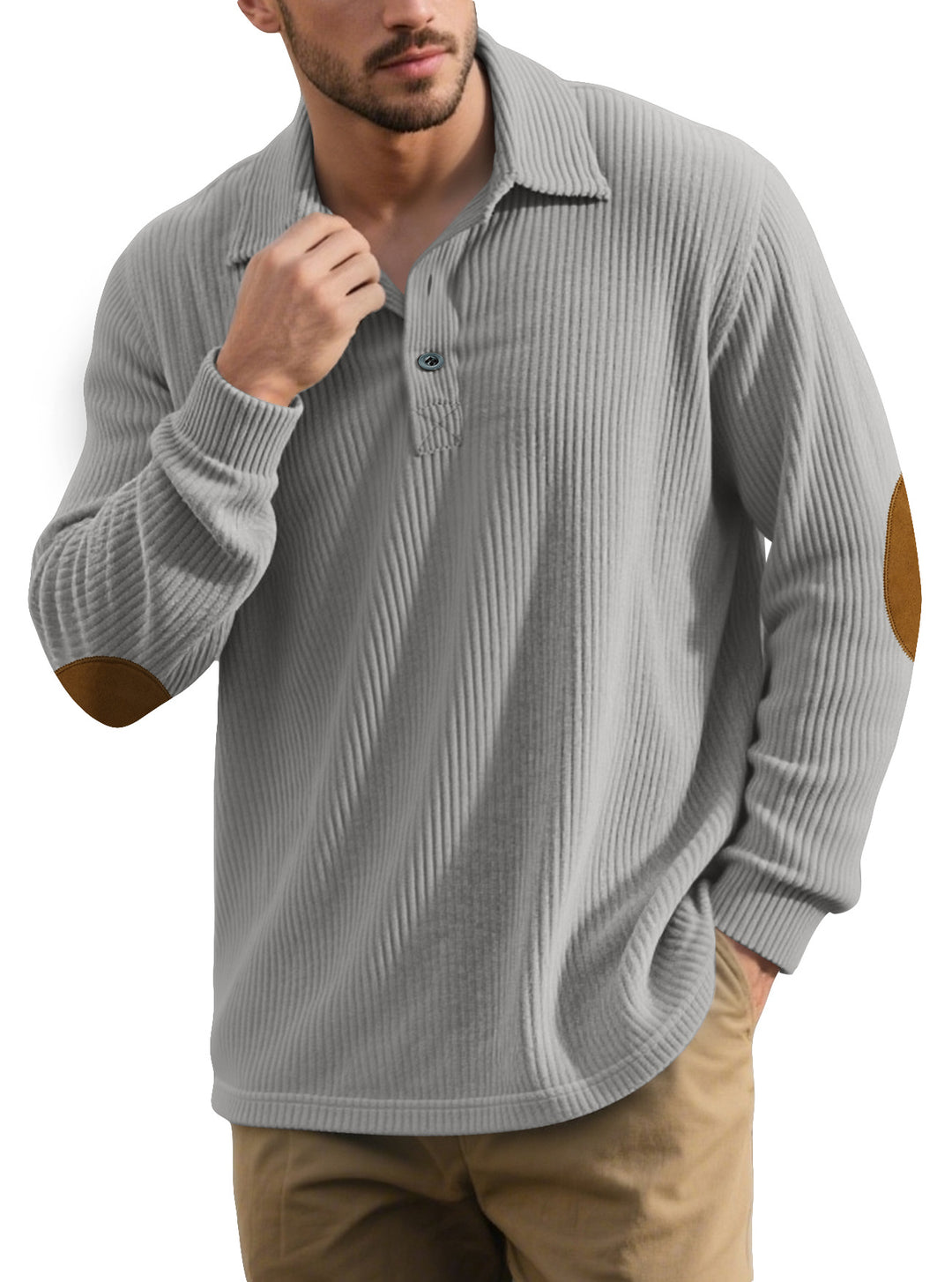 Herren nan gerippter Freizeit-Polo mit Kentkragen, kurzer Knopfleiste und Velours-Ellenbogenpatch EB