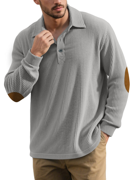 Herren nan gerippter Freizeit-Polo mit Kentkragen, kurzer Knopfleiste und Velours-Ellenbogenpatch EB