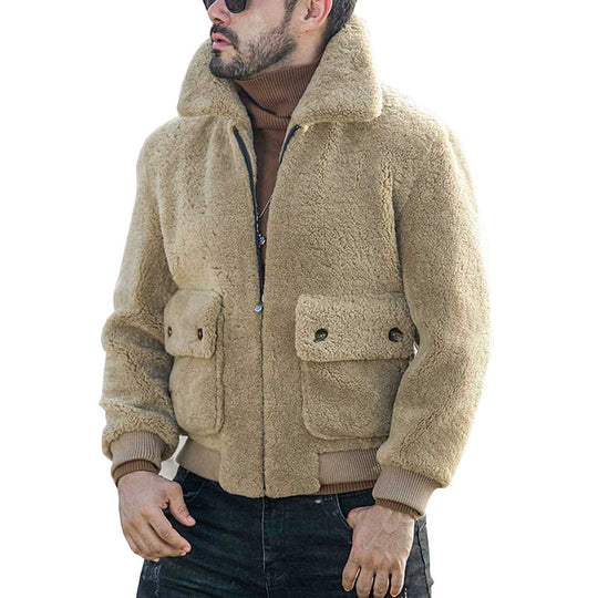 Herren Lammfell Bomberjacke mit großen Taschen und hohem Kragen EB
