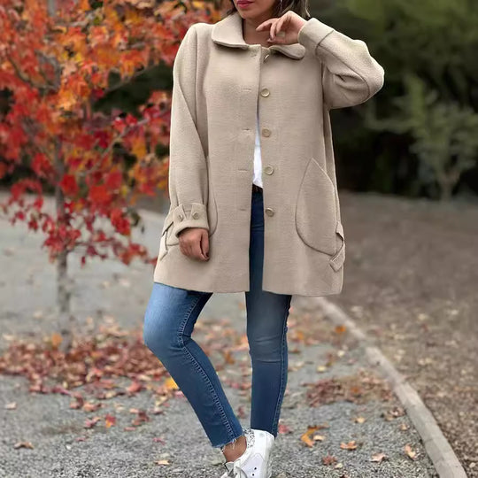 Damen modischer Mantel mit glänzenden Knöpfen und klassischem Kragen EB