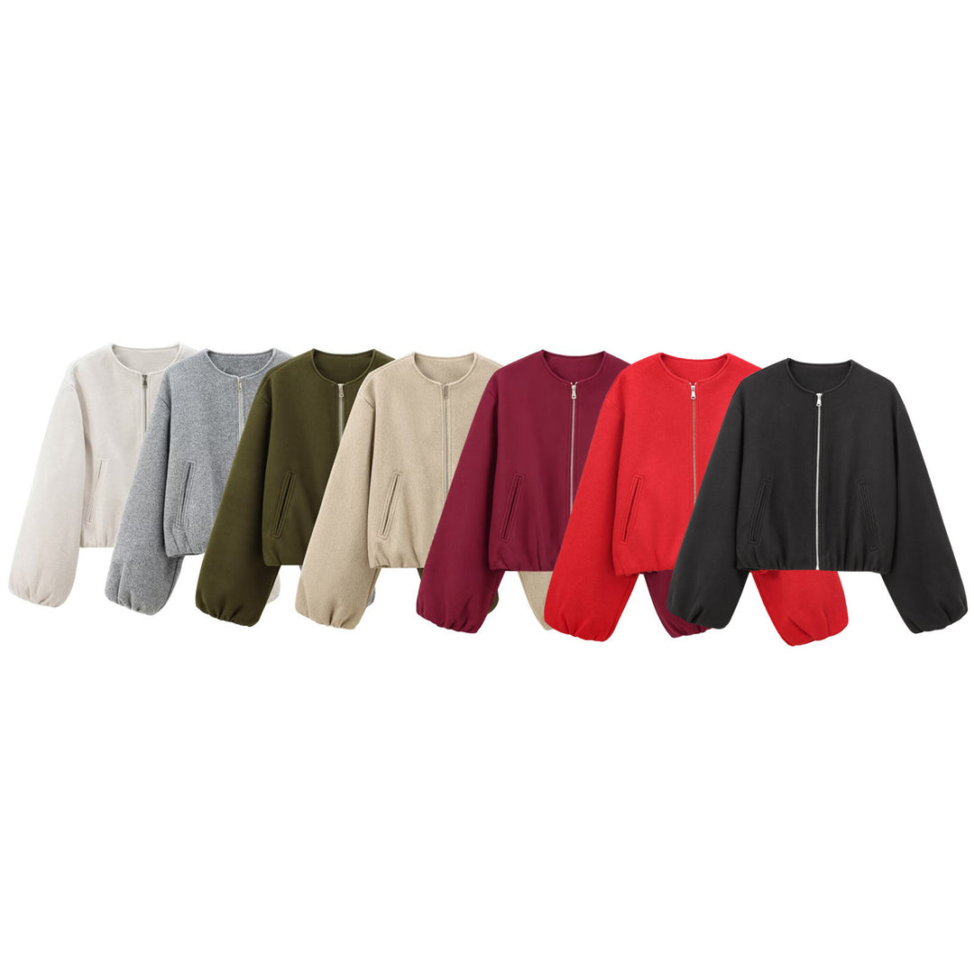 Damen nan kurze Oversize Wollblouson mit Reißverschluss, Ballonärmeln und elastischem Saum EB