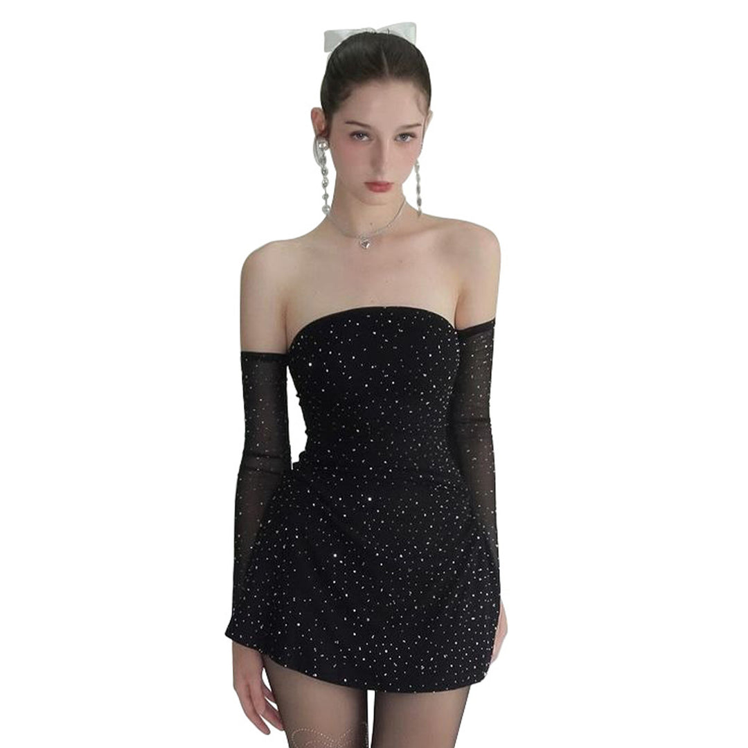 Damen Strapless Minikleid mit funkelnden Applikationen und transparenten Ärmeln EB