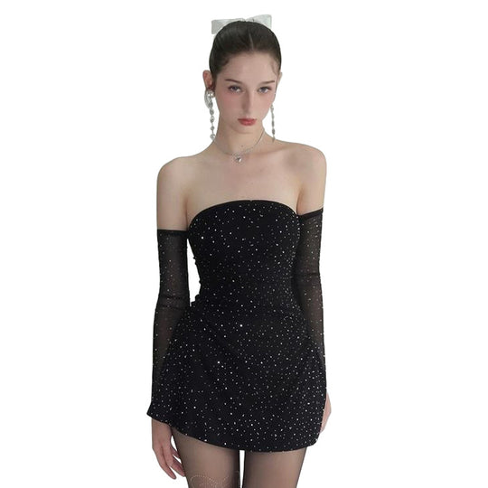 Damen Strapless Minikleid mit funkelnden Applikationen und transparenten Ärmeln EB
