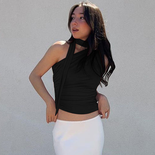 Damen asymmetrisches Top mit bindbaren Schlaufen und Raffung EB