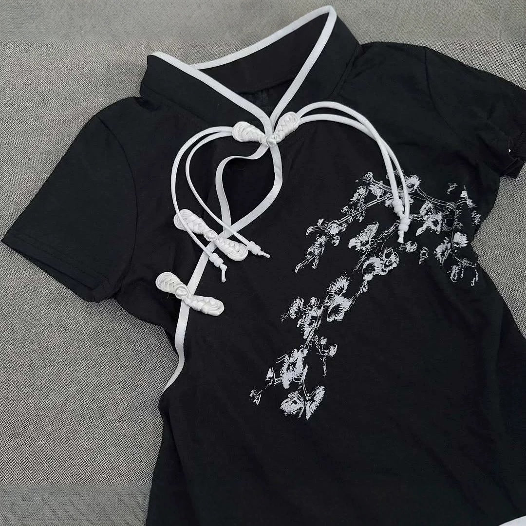 Damen Modernes Chinesisches Kurzarm-T-Shirt mit kreativem Knotendesign EB