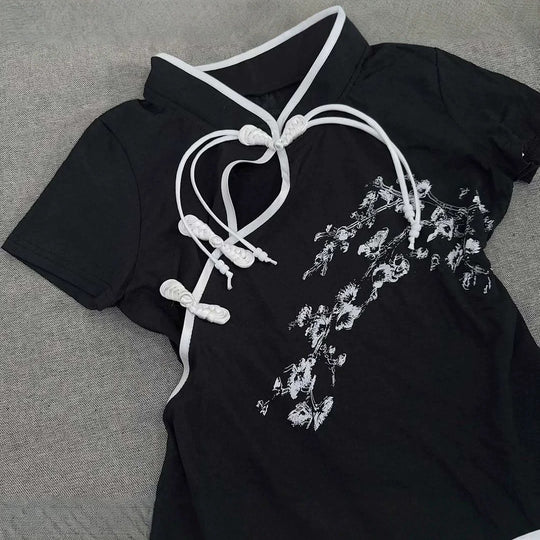 Damen Modernes Chinesisches Kurzarm-T-Shirt mit kreativem Knotendesign EB