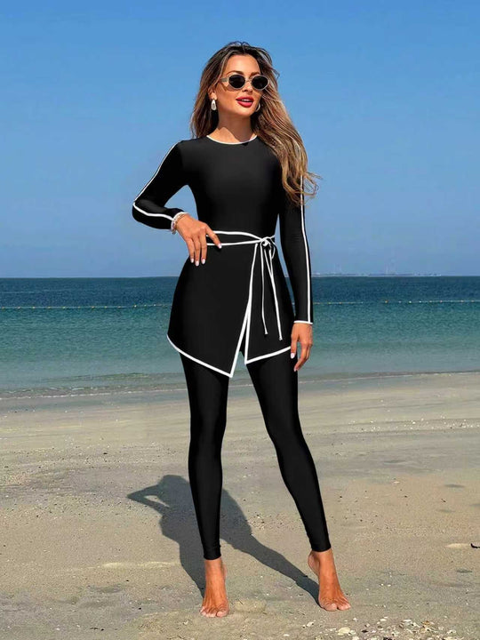 Damen modischer Langarm-Schwimmanzug mit Wickelrock EB