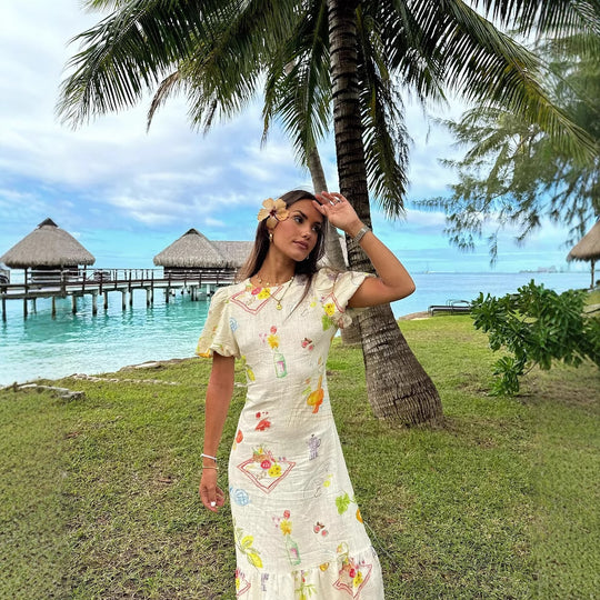 Damen Maxikleid mit buntem Musterdruck und fließendem Volant EB