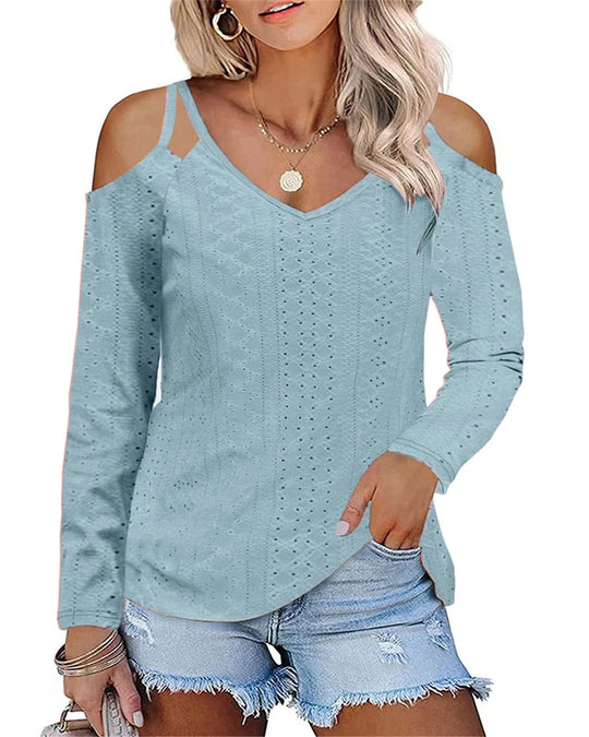 Damen Boho V-Ausschnitt Oberteil mit Off-Shoulder-Ärmeln und feinem Strukturdesign EB