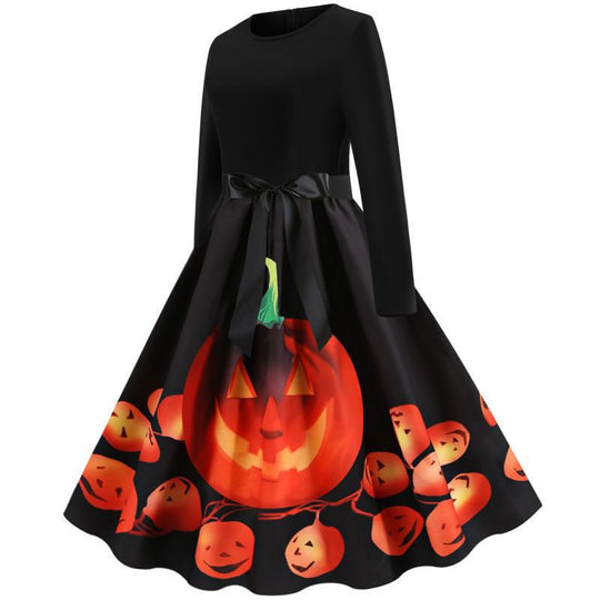 Damen Schwingendes Kleid mit Halloween-Kürbismotiv, Langarm und Taillenschleife EB