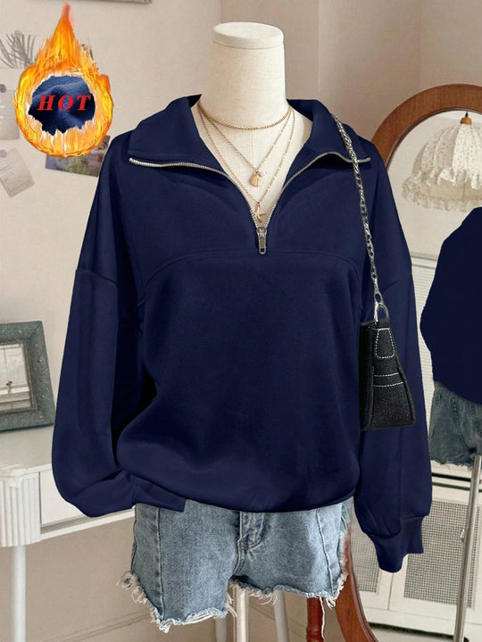 Damen nan Oversize Sweatshirt mit halbem Reißverschluss, Stehkragen und Ballonärmeln EB