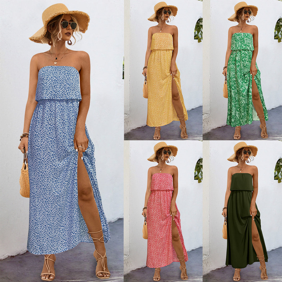 Damen Maxikleid mit trägerlosem Design und seitlichem Schlitz EB