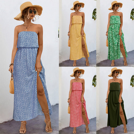 Damen Maxikleid mit trägerlosem Design und seitlichem Schlitz EB