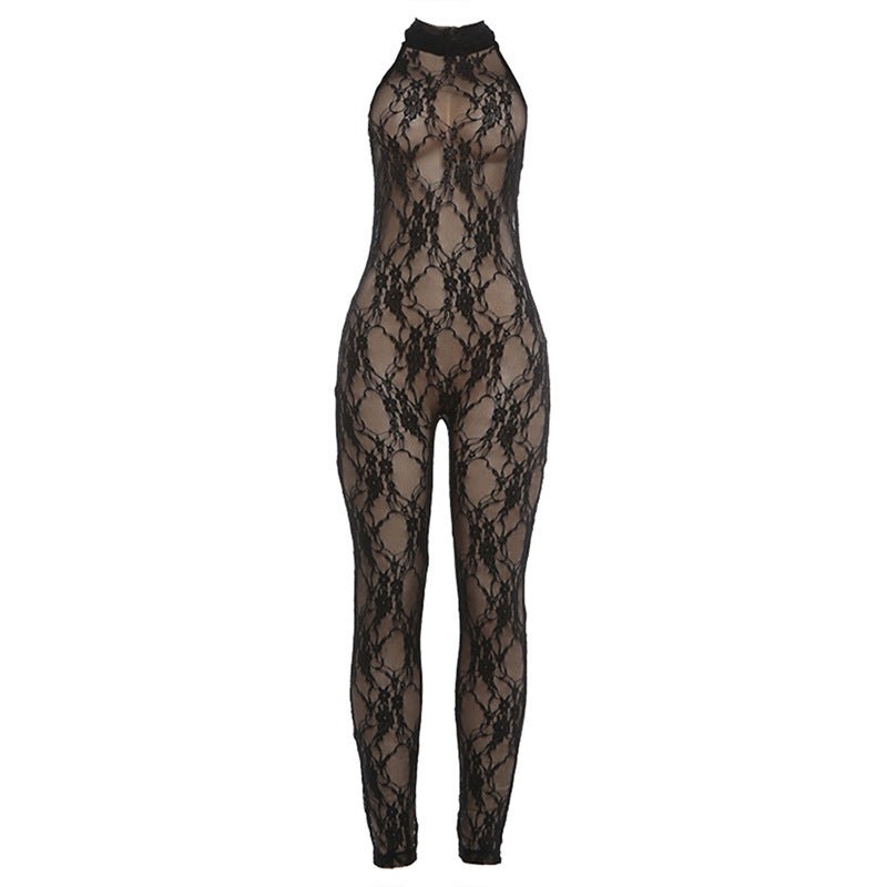 Damen Jumpsuit aus feiner Spitze mit hohem Kragen und figurbetontem Schnitt EB