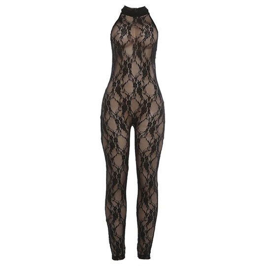 Damen Jumpsuit aus feiner Spitze mit hohem Kragen und figurbetontem Schnitt EB