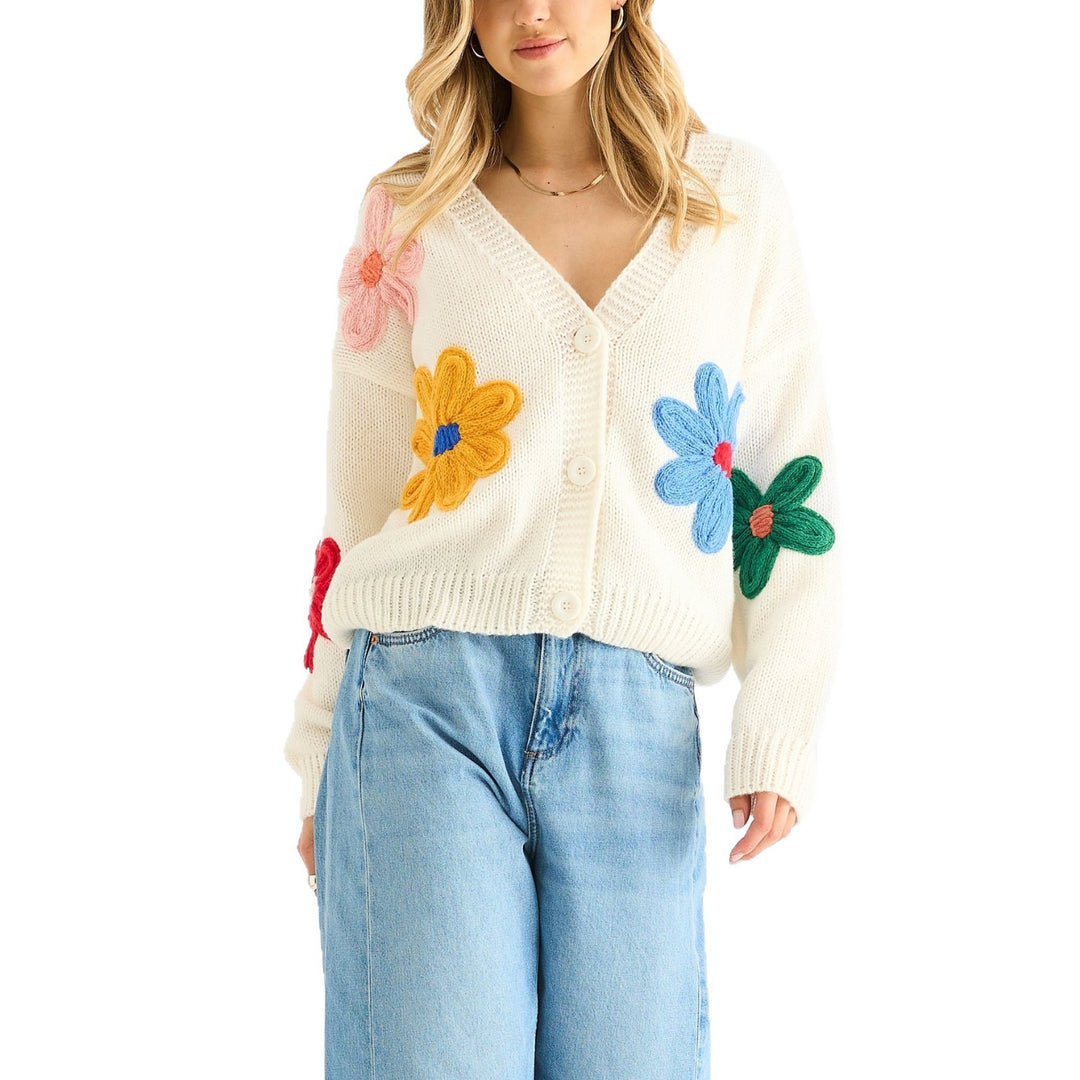 Damen Cardigan mit dreidimensionalen Blumenapplikationen und V-Ausschnitt EB